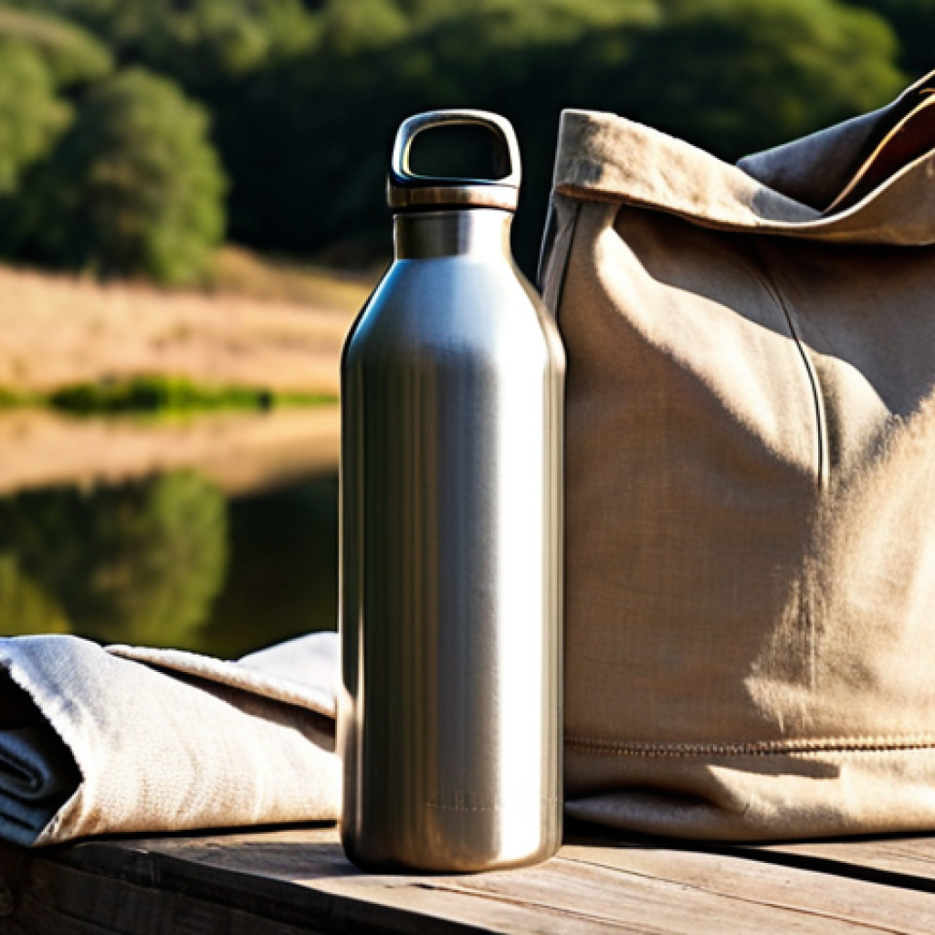 **Prompt:** A close-up shot of a well-worn, high-quality stainless steel water bottle, reflecting years of reliable use, alongside a neatly folded, sturdy canvas shopping bag. The background subtly transitions from an office setting to a serene outdoor landscape, symbolizing the items' versatile and long-term companionship in daily life. The image should convey durability, cost-effectiveness, and a sense of trust in reusable items. Warm, inviting light, highlighting textures.