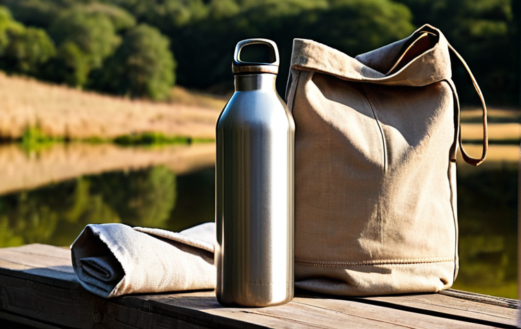 **Prompt:** A close-up shot of a well-worn, high-quality stainless steel water bottle, reflecting years of reliable use, alongside a neatly folded, sturdy canvas shopping bag. The background subtly transitions from an office setting to a serene outdoor landscape, symbolizing the items' versatile and long-term companionship in daily life. The image should convey durability, cost-effectiveness, and a sense of trust in reusable items. Warm, inviting light, highlighting textures.