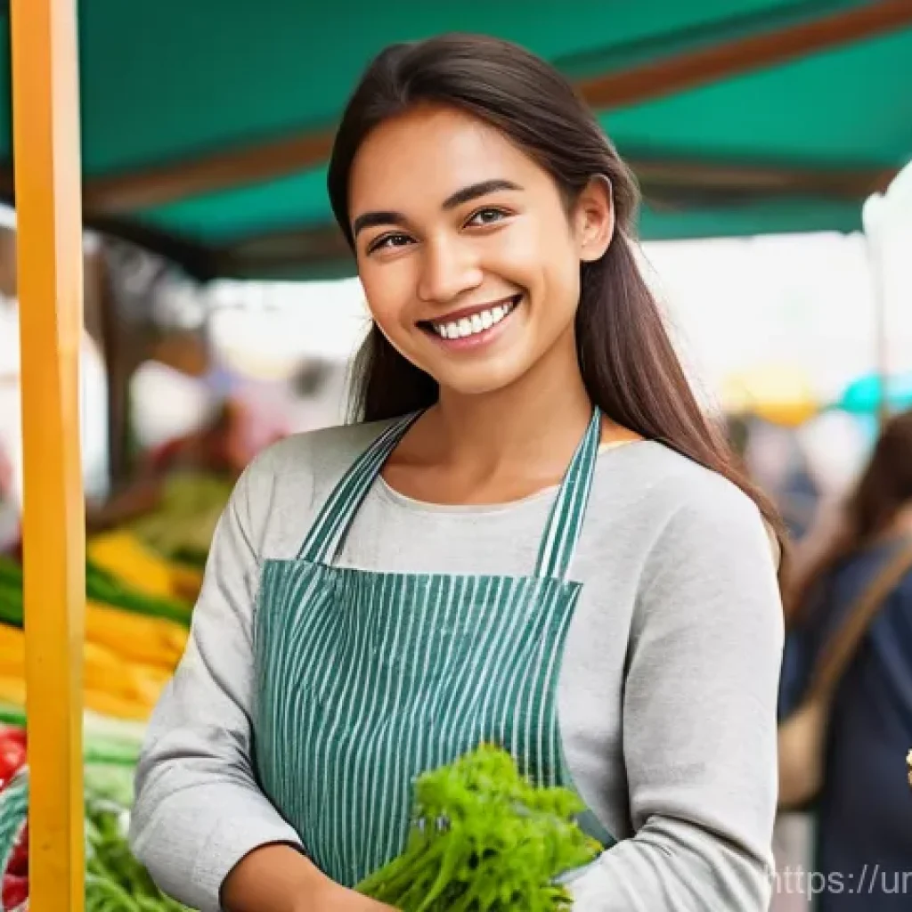 환경을 생각한 일회용품 대체 아이디어 - **Prompt: "A happy, modestly dressed young woman is seen at a vibrant, sunlit local farmers' market,...