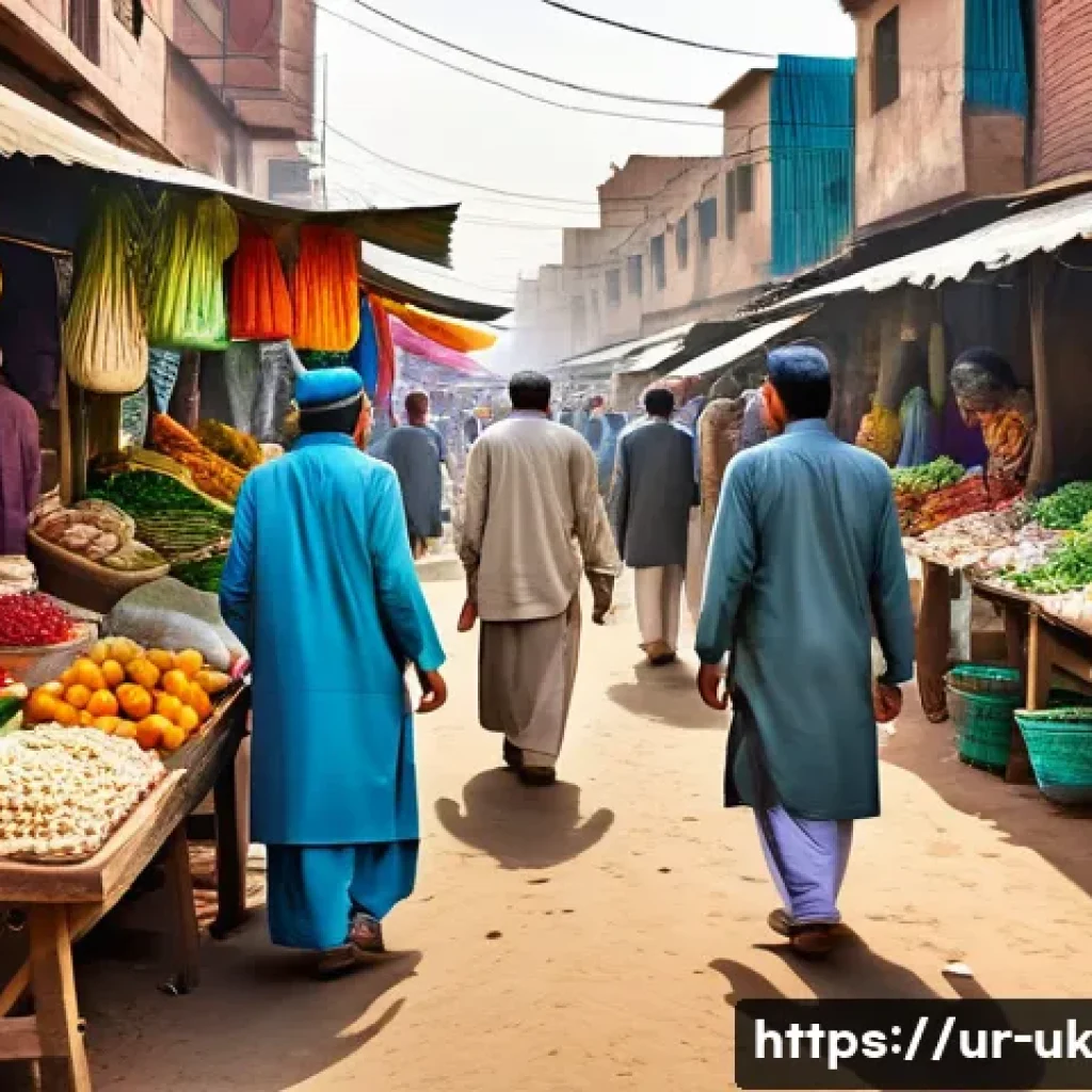 일회용품의 대체 필요성에 대한 교육 - A bustling local Pakistani market scene showcasing vendors and shoppers using eco-friendly paper and...