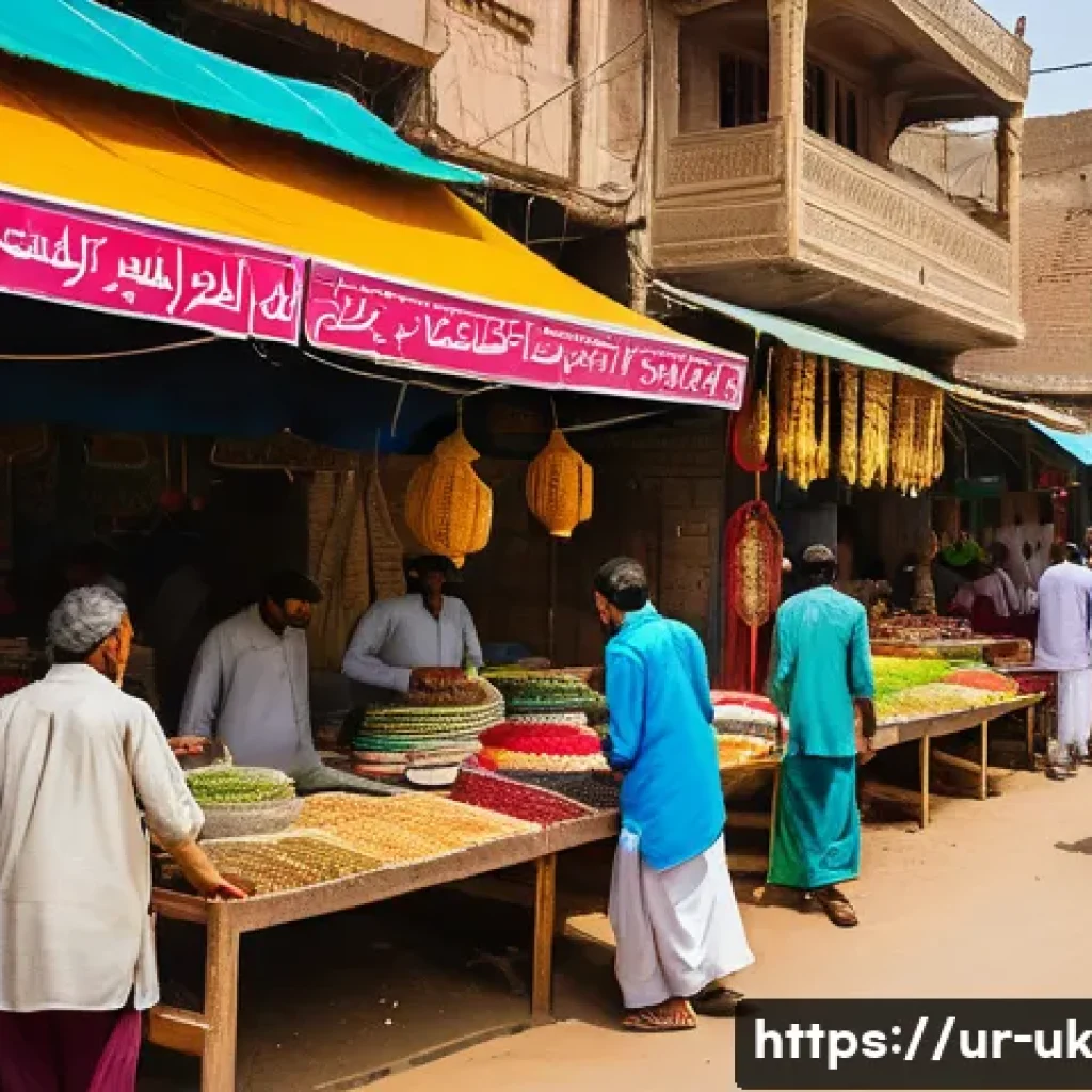 일회용품 대체 솔루션에 관한 통계 - A vibrant market scene in a bustling Pakistani city like Karachi, showcasing eco-friendly products p...