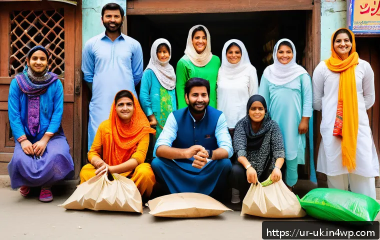 재생 가능한 자원으로 만든 대체 제품 - A vibrant community workshop scene in a typical Pakistani neighborhood, showcasing diverse men, wome...