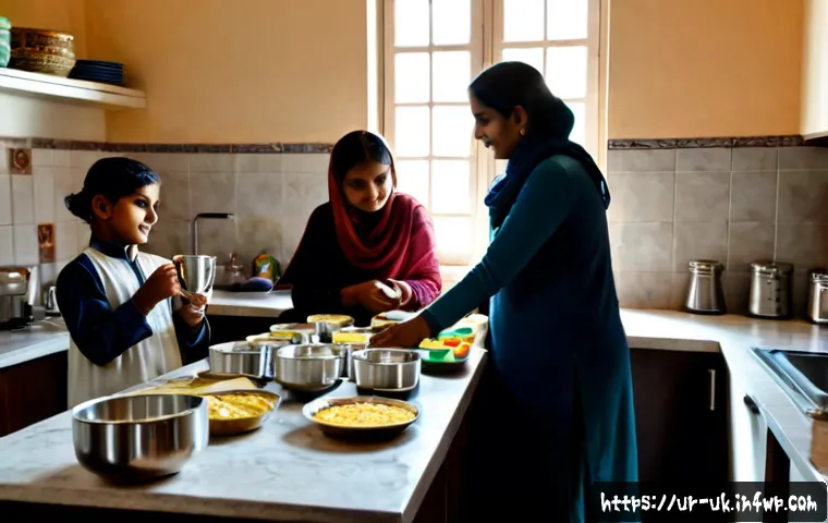 Home 17 일회용품 대체 사용을 늘리기 위한 전략 - Photorealistic Pakistani family kitchen in Lahore, three generations preparing tea and snacks using ...