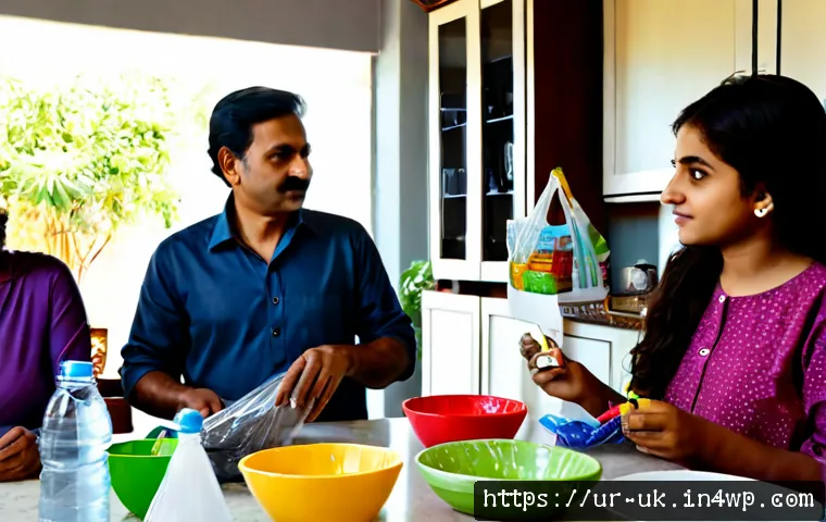 Home 17 일회용품 대체 방향에 대한 소비자 인식 - Photorealistic Pakistani family in a bright modern Karachi kitchen comparing reusable cloth shopping...